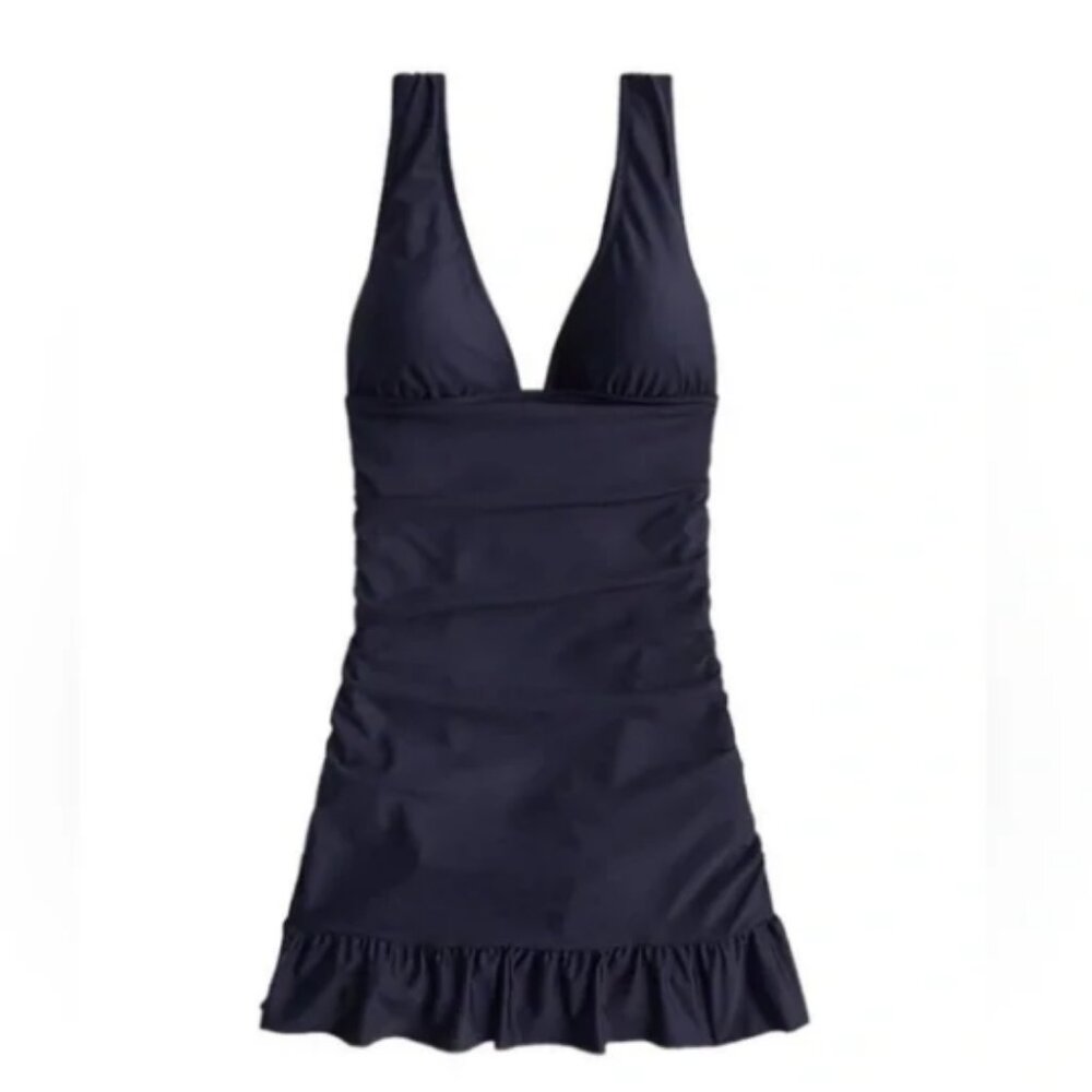 NWT J. Crew Ruched V Neck Navy Blue Wireless One Piece Swim Dress Size 6